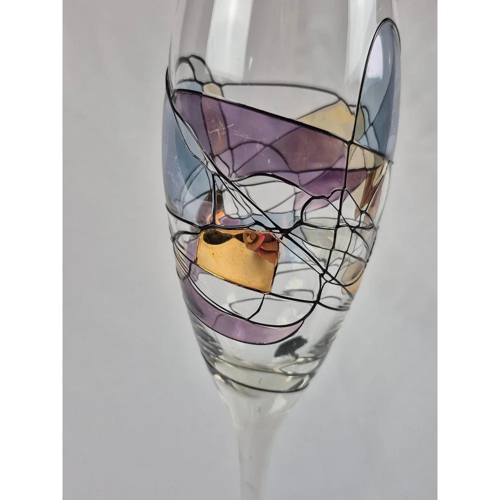 Set 2 Hand Painted Art Glass Champagne Flutes Abstract Gold Purple Toast Glasses